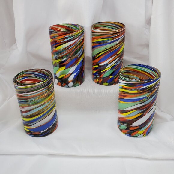 Hand Blown Mexican Glasses – 4 Confetti Swirl Drinking Tumbler Glasses - Picture 13 of 13